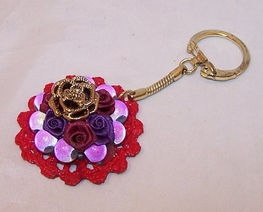 New Red Hat Keychain w Purple Beads, Roses