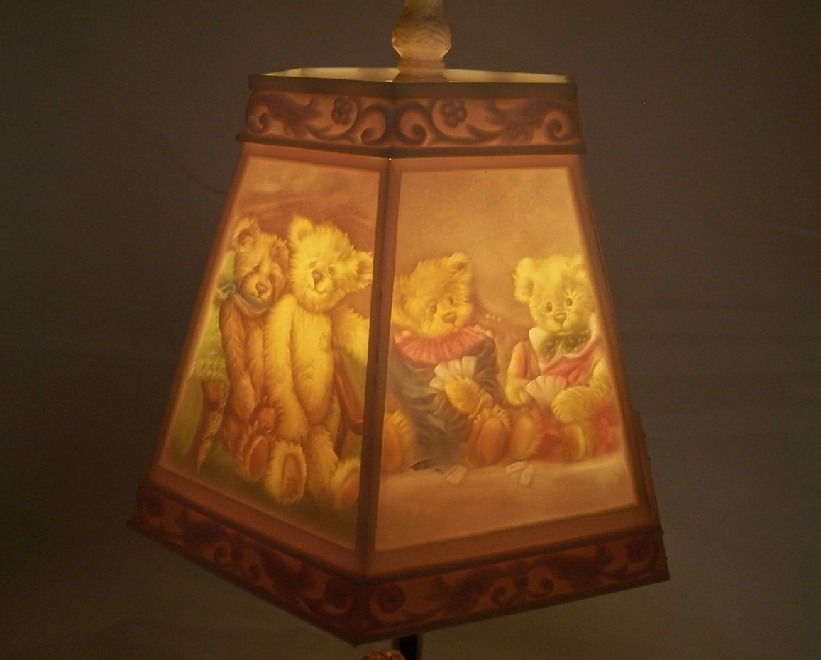 Teddy Bear Lamp w Bear Scene Shade, Nursery or Desk, Nightlight Night Light