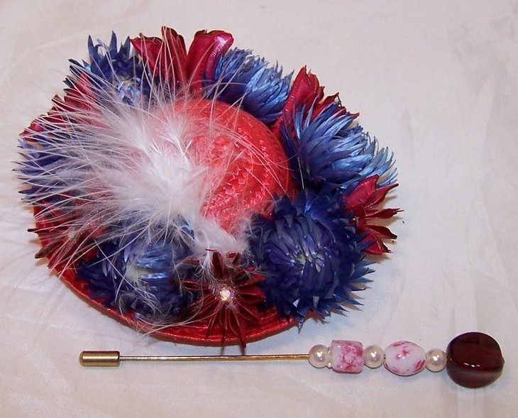 New Woven Red Hat w Feather, Flowers, Rhinestones, Hat Pin