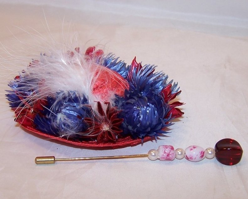 Image 1 of New Woven Red Hat w Feather, Flowers, Rhinestones, Hat Pin