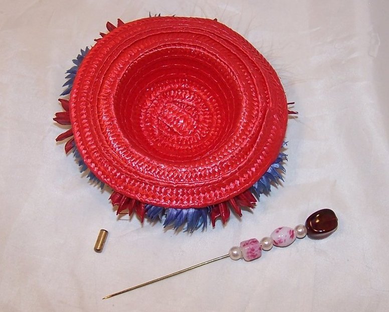 Image 2 of New Woven Red Hat w Feather, Flowers, Rhinestones, Hat Pin