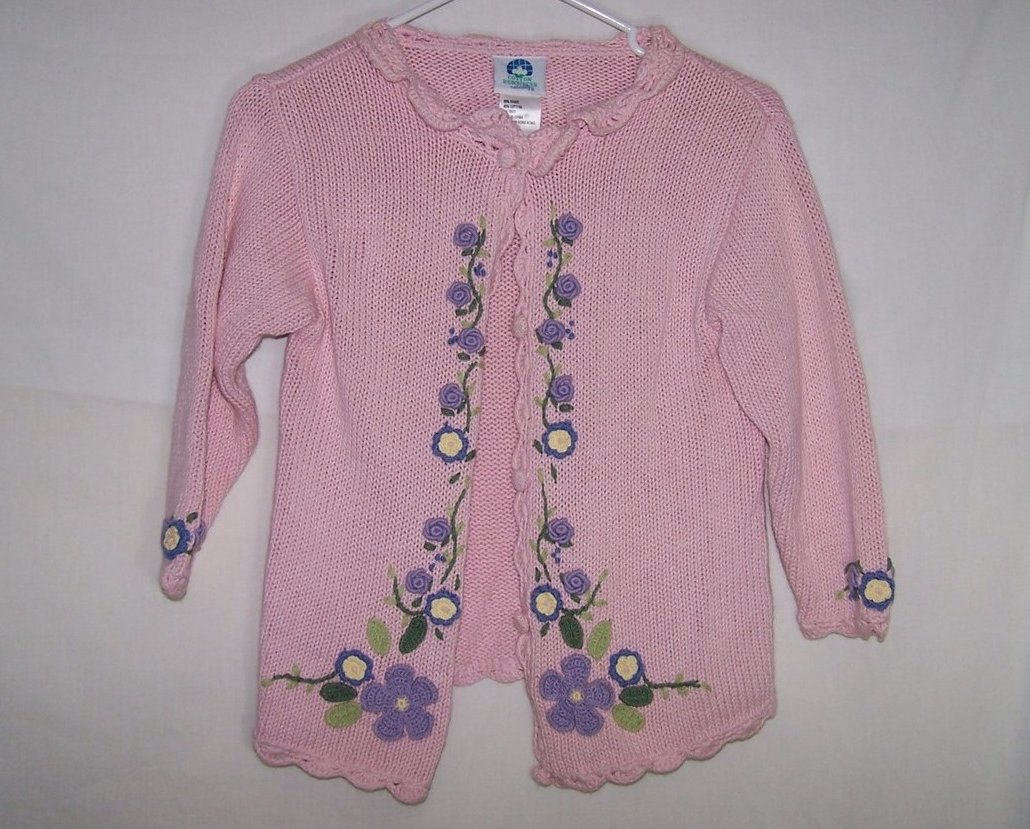 Sz 5, 6, Long Sleeved Knit Sweater, Button Front, Pink w Flowers