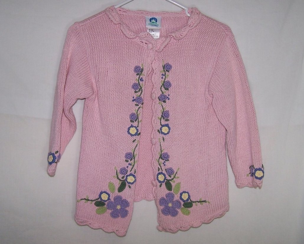 Sz 5, 6, Long Sleeved Knit Sweater, Button Front, Pink w Flowers