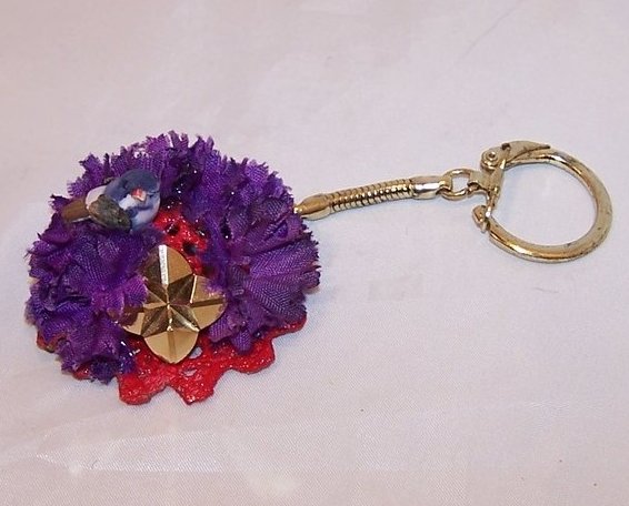 New Red Hat Keychain w Little Bird, Purple Flowers, Sparkly