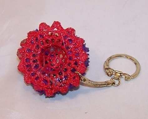 Image 1 of New Red Hat Keychain w Little Bird, Purple Flowers, Sparkly