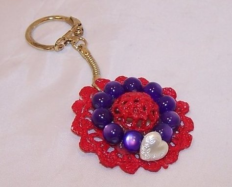 New Red Hat Keychain w White Heart, Purple Beads