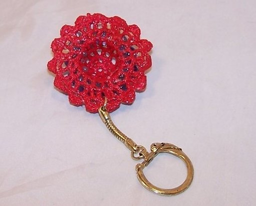 Image 1 of New Red Hat Keychain w White Heart, Purple Beads