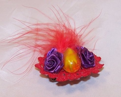 Image 0 of New Woven Red Hat Pin w Yellow Teardrop, Feathers, Roses