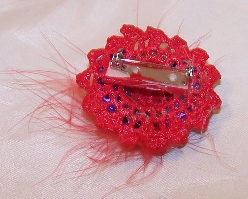 Image 1 of New Woven Red Hat Pin w Yellow Teardrop, Feathers, Roses