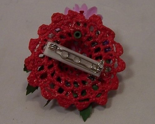 Image 1 of New Woven Red Hat Pin w Red, Purple Roses, Pink Daisy Flower