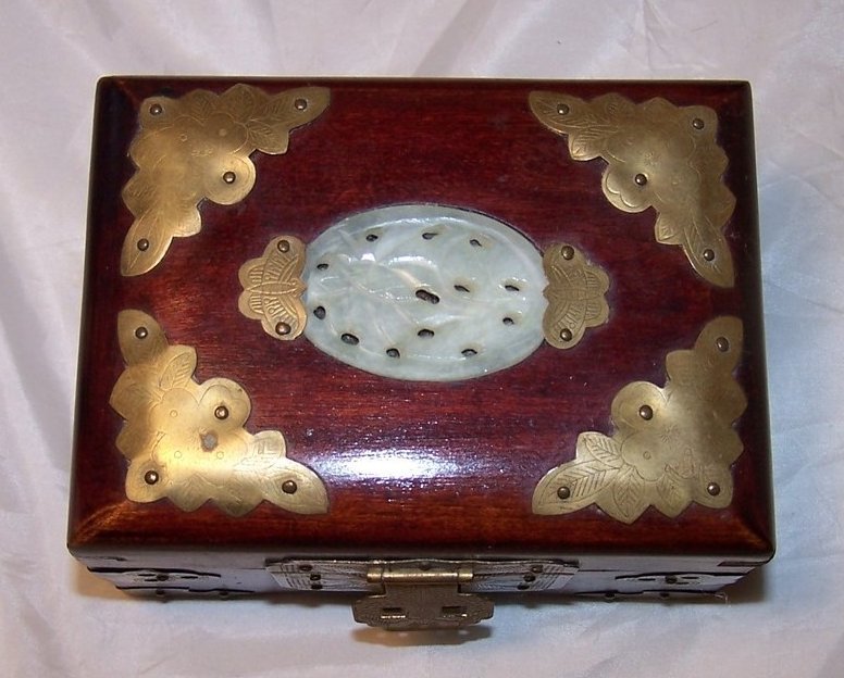 Jewelry Box, Brass Accents, Carved Stone, Cherry Wood Finish