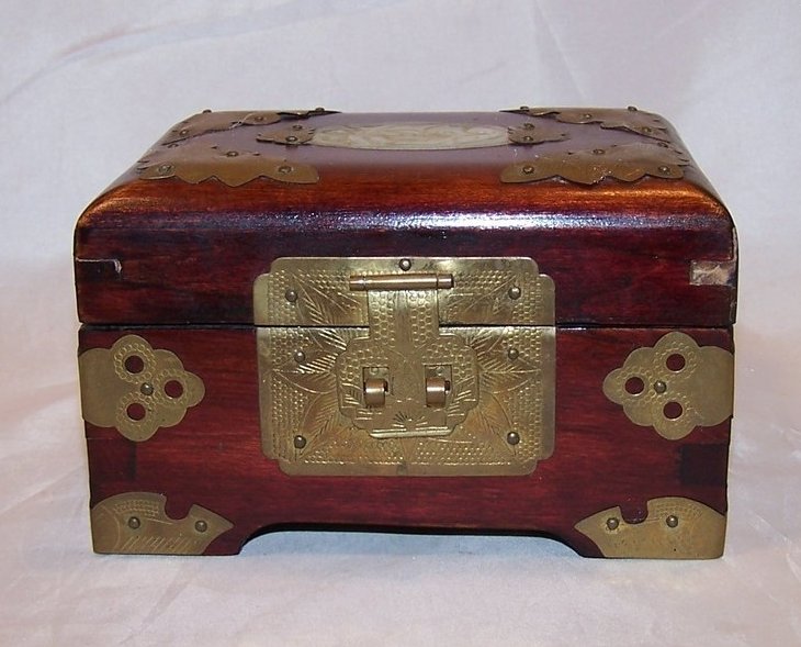 Image 1 of Jewelry Box, Brass Accents, Carved Stone, Cherry Wood Finish