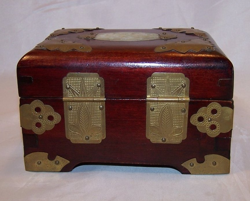 Image 2 of Jewelry Box, Brass Accents, Carved Stone, Cherry Wood Finish