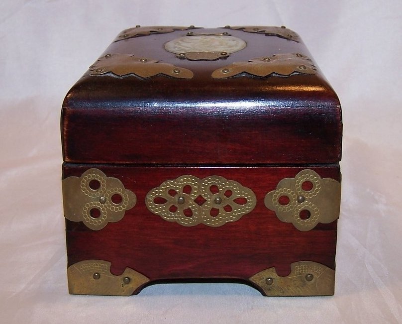 Image 3 of Jewelry Box, Brass Accents, Carved Stone, Cherry Wood Finish