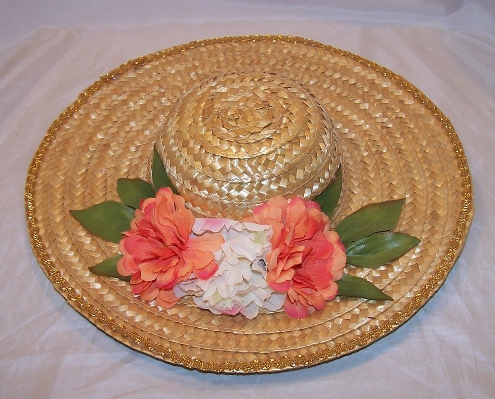 New Straw Hat w Gold Braid, Flowers, Leaves 