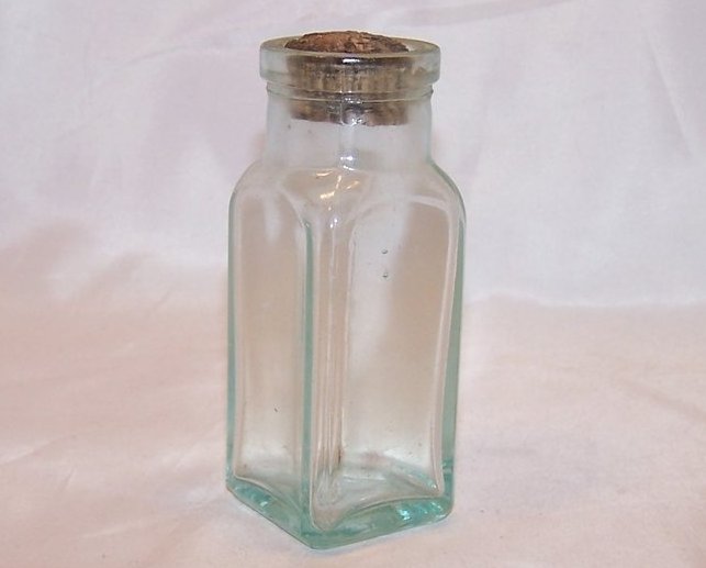Square Clear Aqua Glass Bottle w Cork Stopper, Vintage