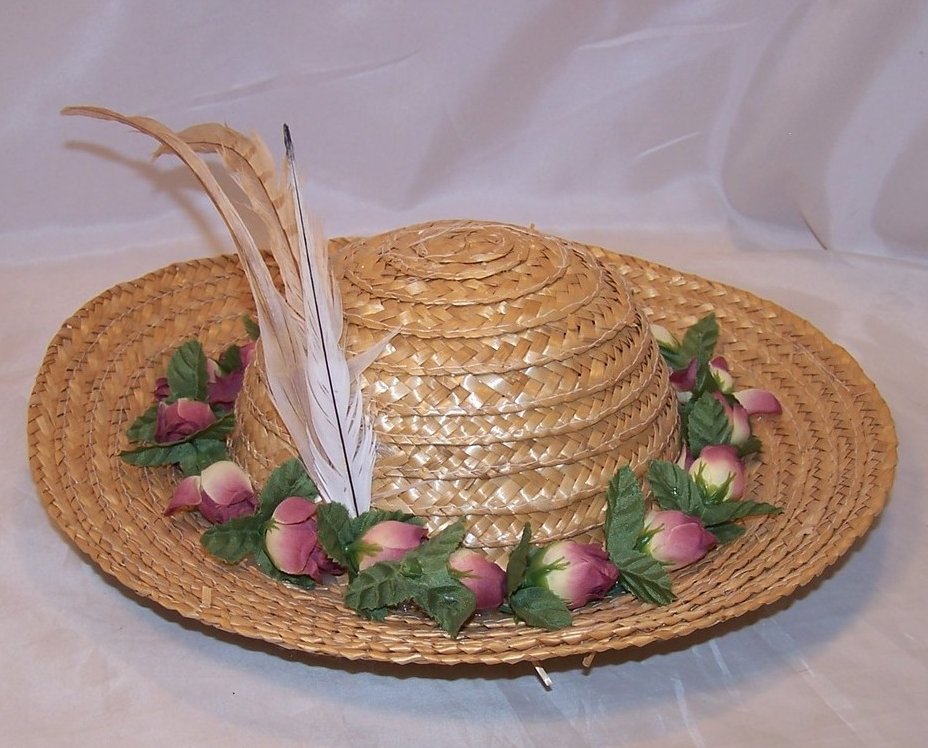 New Straw Hat w Pink Roses and Feathers 