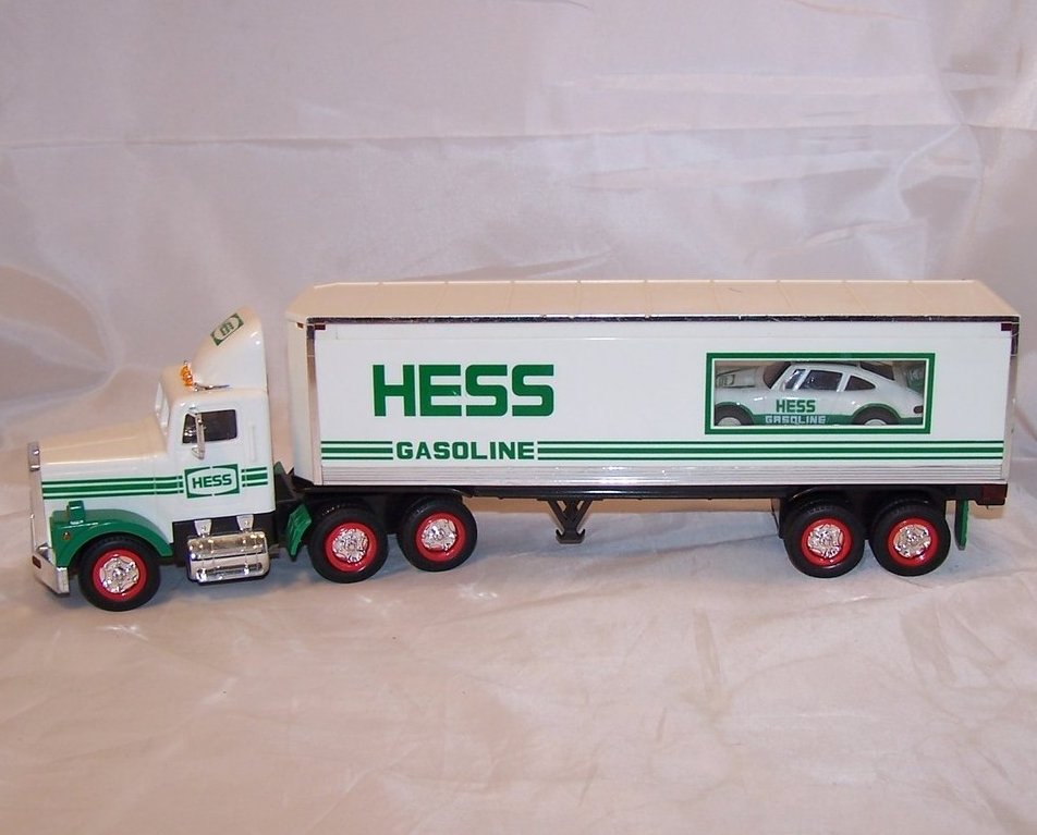 Image 1 of Hess Toy Truck, Box Trailer Truck w Friction Race Car, Light Up
