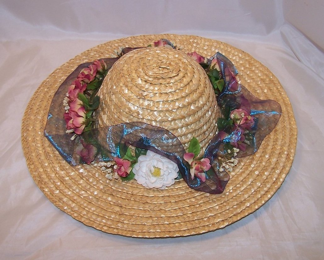 New Straw Hat w White Carnation, Roses, Babys Breath, Ribbon