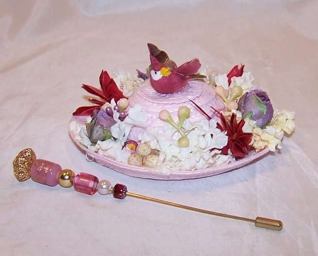 Image 0 of New Woven Pink Hat w Flowers, Bird, Tiny Eggs, Hat Pin