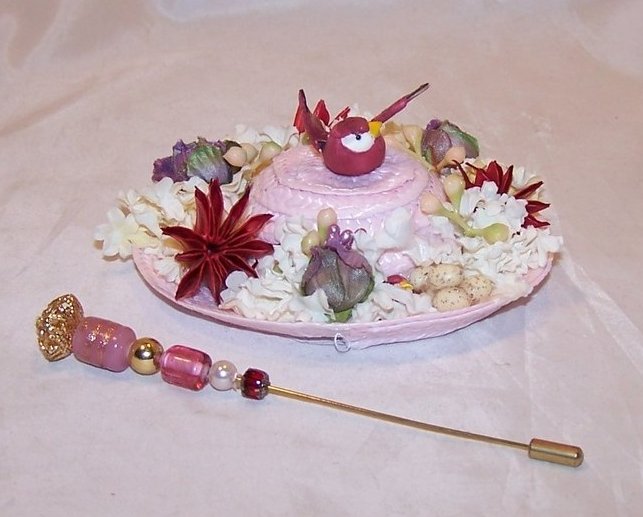 Image 1 of New Woven Pink Hat w Flowers, Bird, Tiny Eggs, Hat Pin