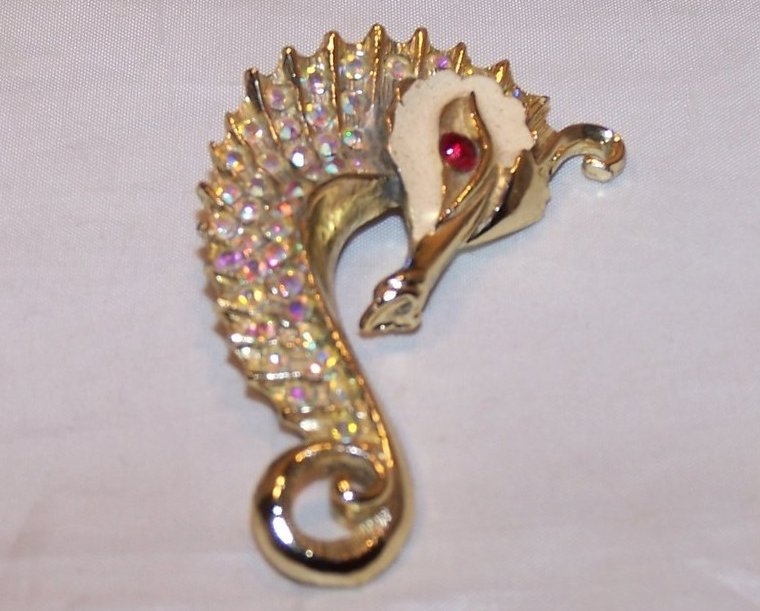 Image 1 of Seahorse Pin, Brooch w Rhinestones, Cream Face 