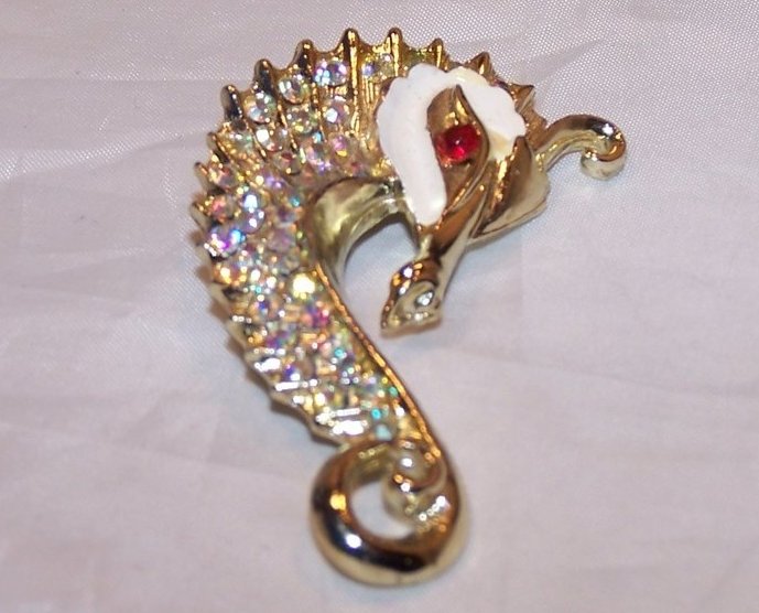 Seahorse Pin, Brooch w Rhinestones, White Face 