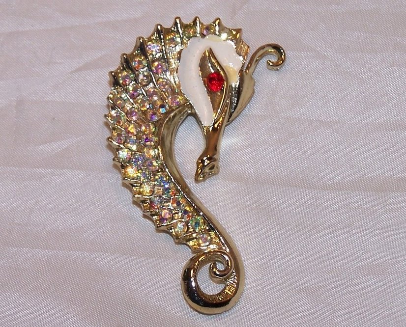 Image 1 of Seahorse Pin, Brooch w Rhinestones, White Face 