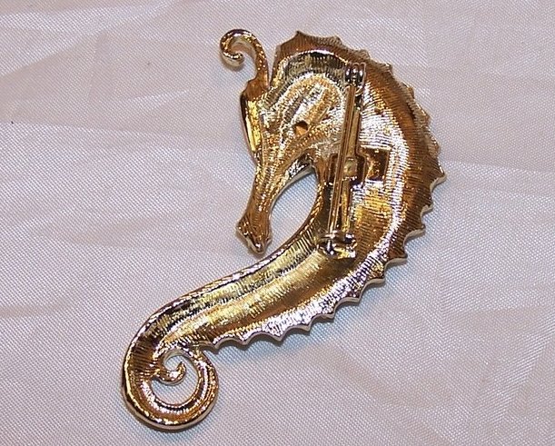 Image 2 of Seahorse Pin, Brooch w Rhinestones, White Face 