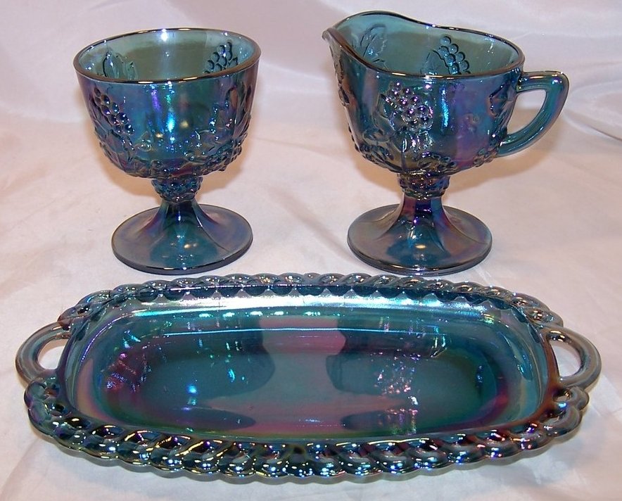 Carnival Glass, Blue, Sugar, Creamer, Tray Set, Original Box
