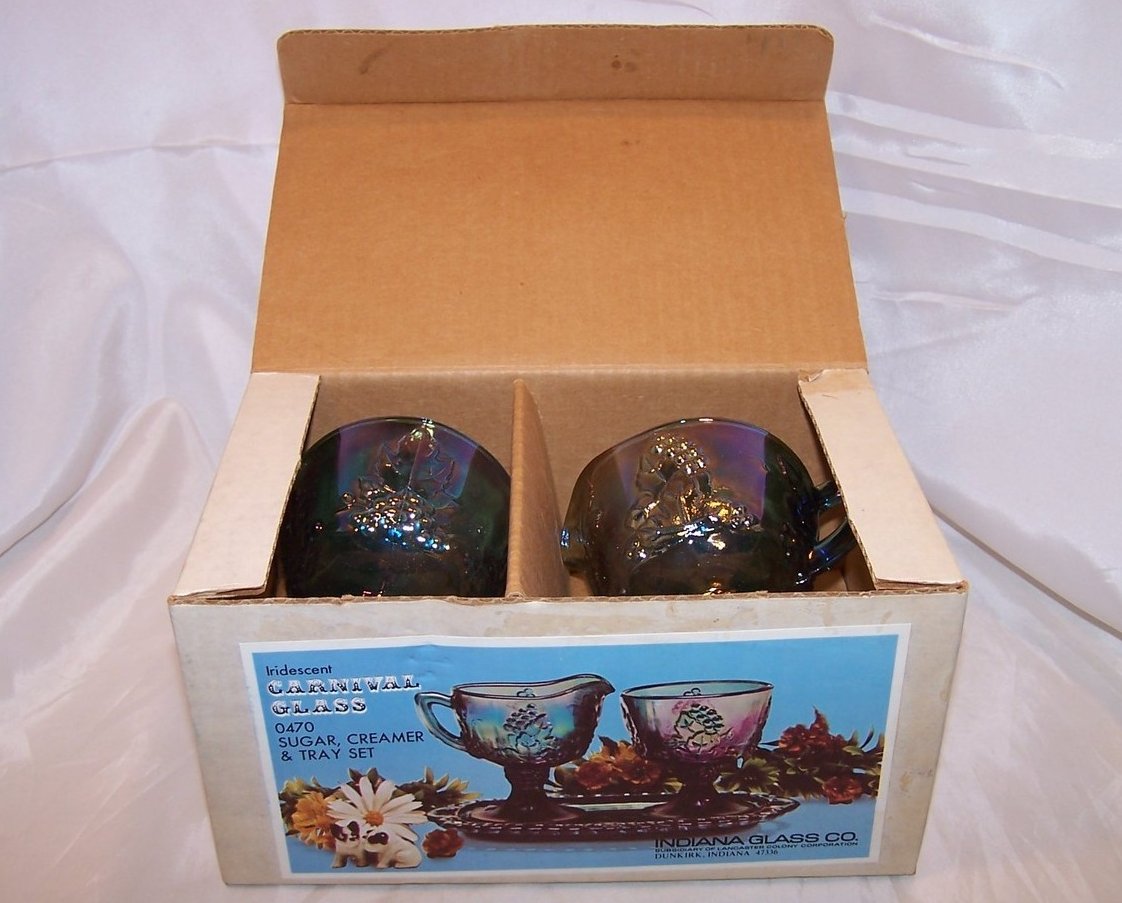 Carnival Glass, Blue, Sugar, Creamer, Tray Set, Original Box