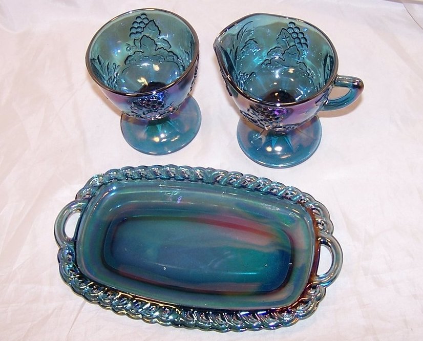 Image 2 of Carnival Glass, Blue, Sugar, Creamer, Tray Set, Original Box