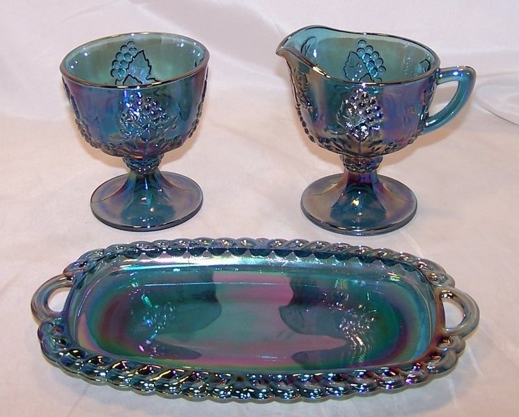 Image 3 of Carnival Glass, Blue, Sugar, Creamer, Tray Set, Original Box