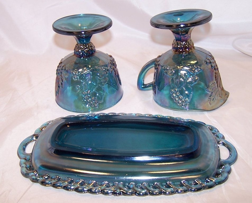 Carnival Glass, Blue, Sugar, Creamer, Tray Set, Original Box
