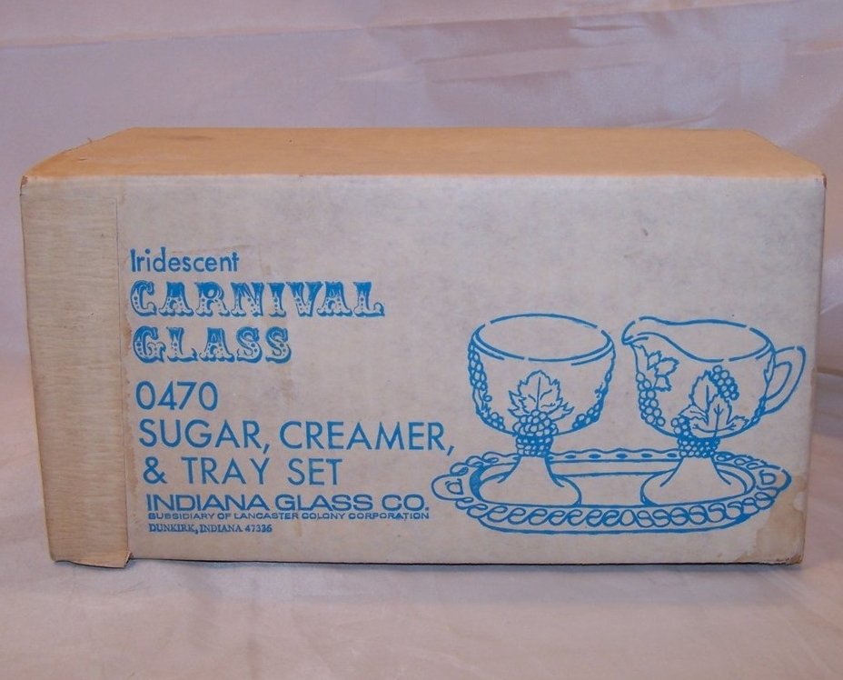 Image 5 of Carnival Glass, Blue, Sugar, Creamer, Tray Set, Original Box