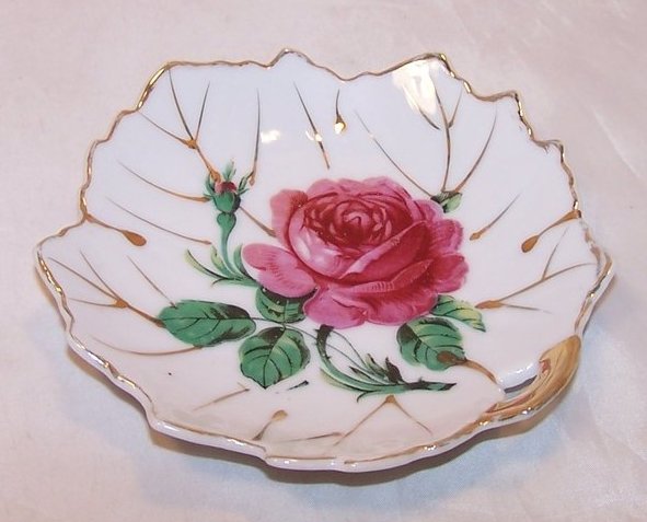 Leaf Shaped Bowl w Pink Rose, Gold Accents, Japan Japanese