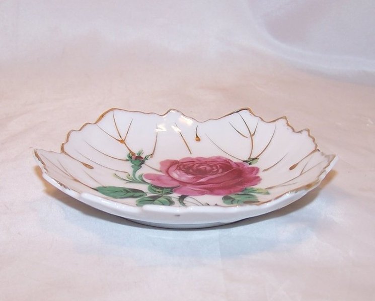 Image 1 of Leaf Shaped Bowl w Pink Rose, Gold Accents, Japan Japanese