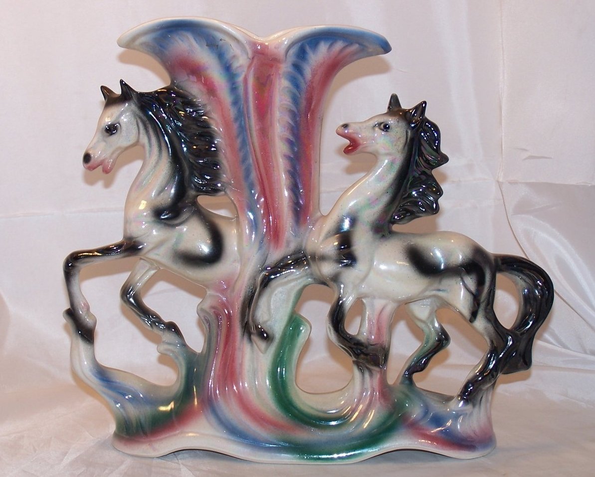 Large Opalescent Ornate Double Horse Vase, Italy