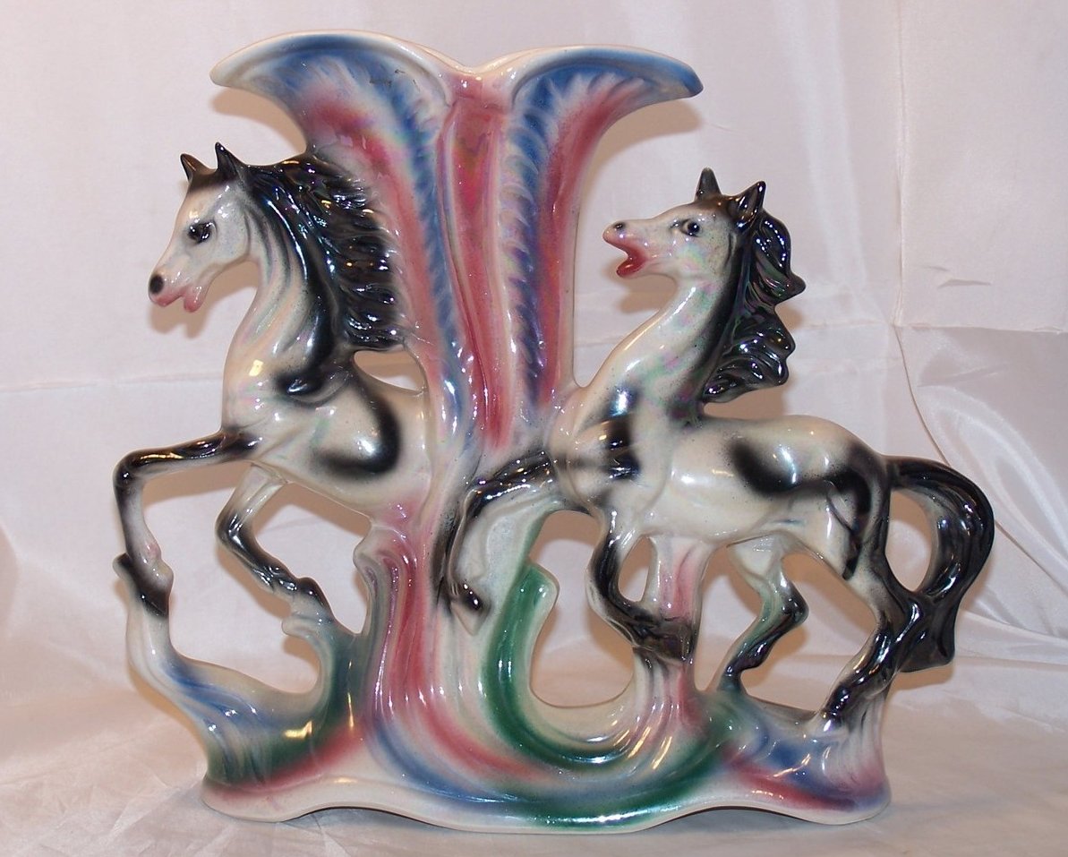 Image 0 of Large Opalescent Ornate Double Horse Vase, Italy