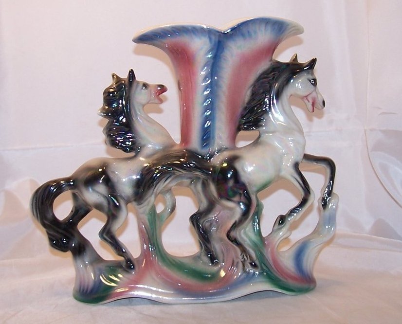 Image 2 of Large Opalescent Ornate Double Horse Vase, Italy