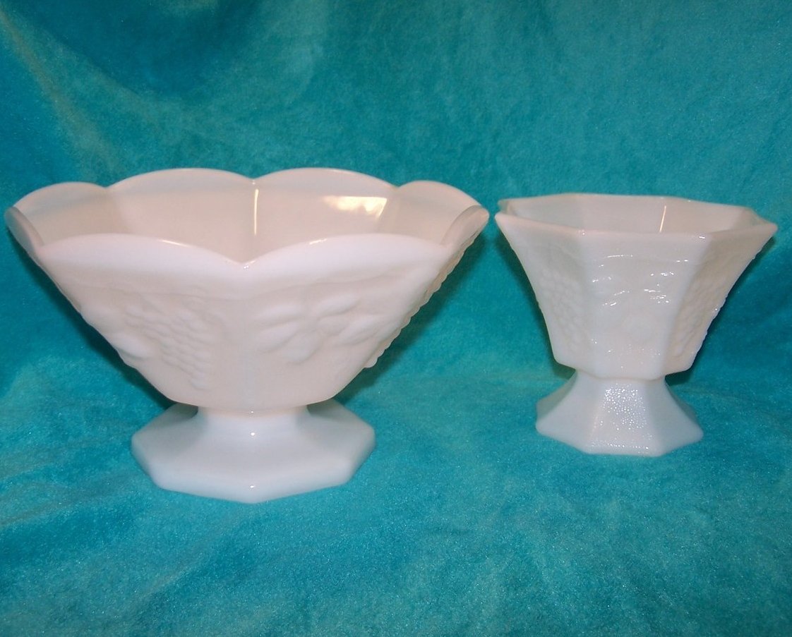 Image 1 of Grape and Leaf Pattern Milk Glass Bowl, Compote, 2 Piece Set