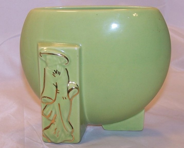 Image 2 of Green and Gold Oriental Flat Vase, Ceramic, Vintage