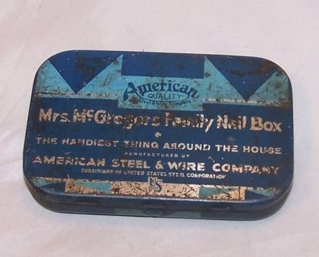 Mrs McGregors Family Nail Tin Box, American Steel and Wire