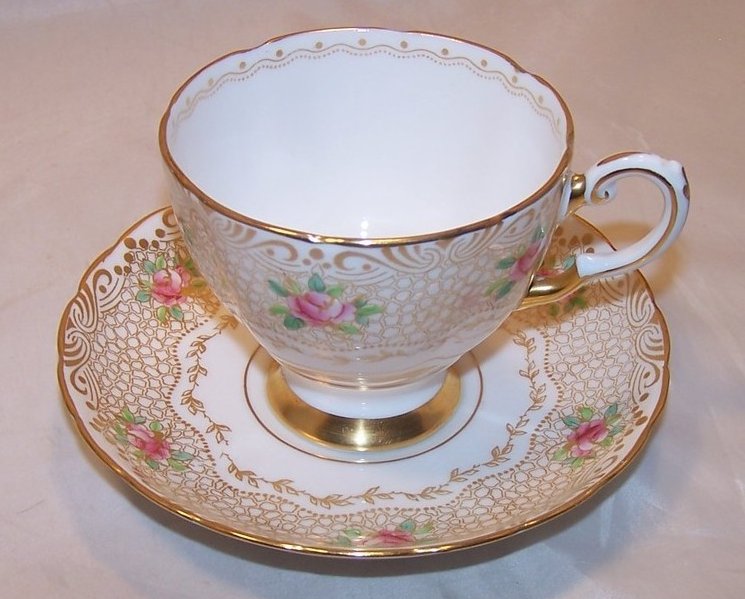 Image 1 of Tuscan Gold Lace and Roses Teacup, Saucer, England