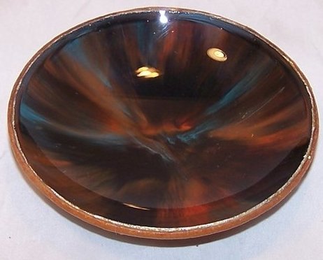 Image 0 of Enameled Metal Bowl w Leather Backing, Mexico, 1968