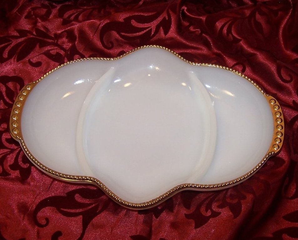 Image 0 of Milk Glass w Gold Serving Dish, Appetizer Dish, Fire King