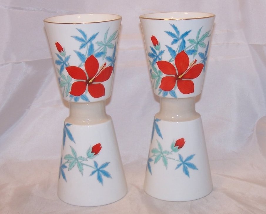 Nippon Toki Kaisha Red Flower Vase Set, Noritake Japan