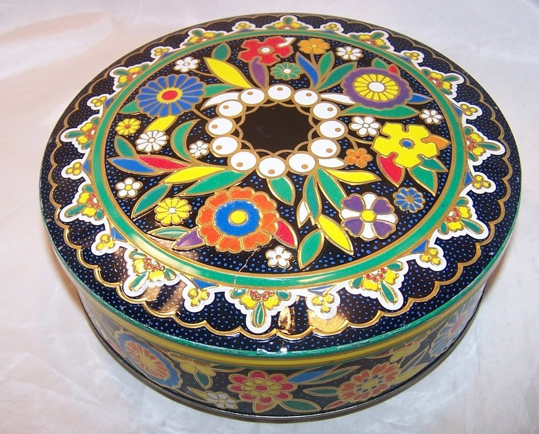 Flower Tin, Bright, Colorful Round Lidded, England