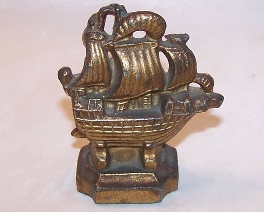 Gold Sailing Ship, Boat Miniature Figurine, Vintage