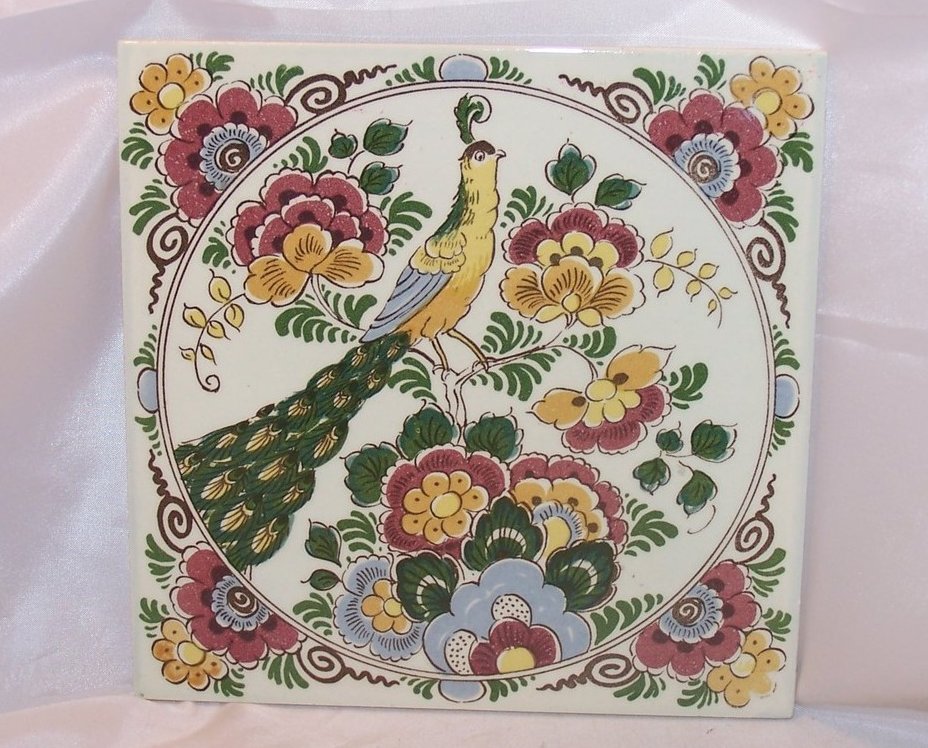 Ceramic Tile Delft Peacock Trivet, Hand Painted, Holland